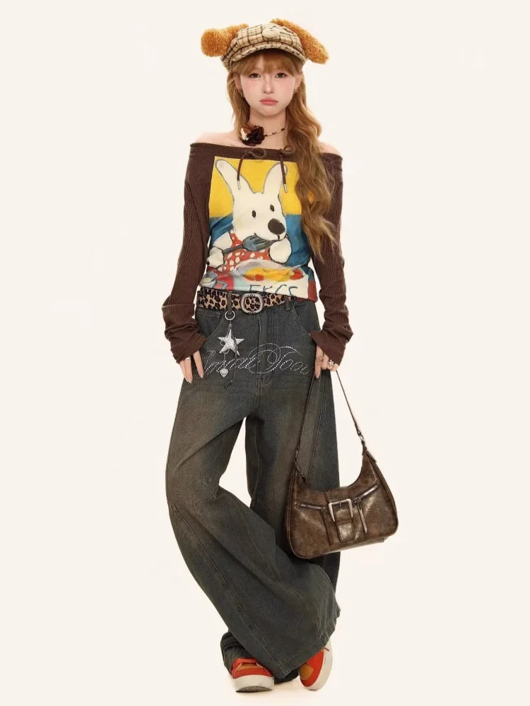 

Embroidered washed vintage cat whiskers wide leg curved jeans women's loose Y2k American high street loose straight leg pants