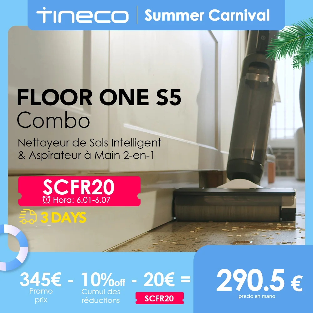 Activités à durée limitéeTineco Floor One S5 Combo Laveur de sol intelligent sans fil pour la maison, balai vertical, aspirateur sans fil pour le