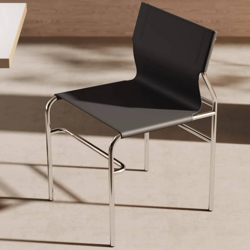 Minimalist Saddle Leather Dining Chair Mid-Century Modern Kitchen Furniture Stainless Steel Backrest Chair Home Living Room Seat