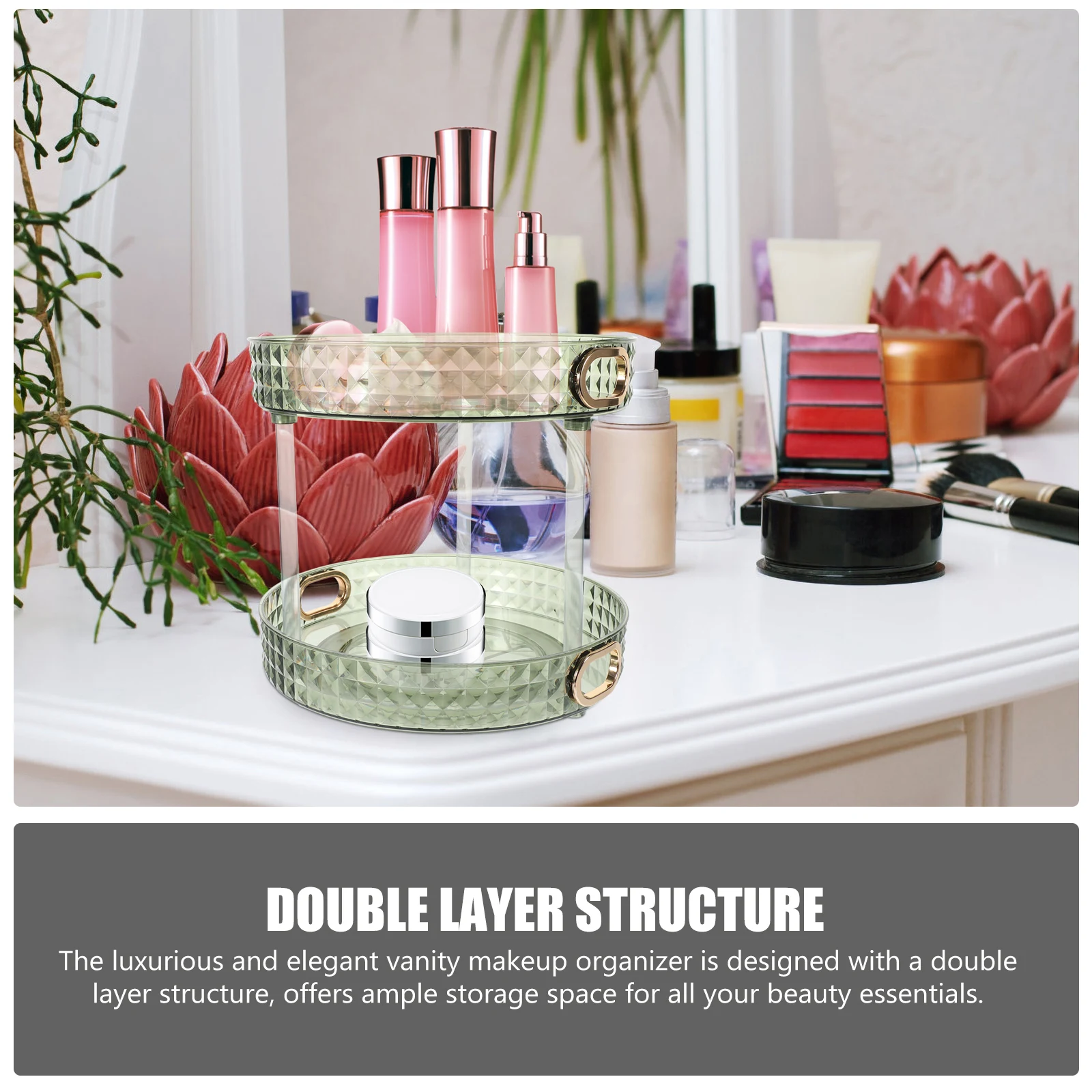 

Rotating Organizer with Double Tier Design Holder for Skincare and Perfume Makeup Organizers and Storage