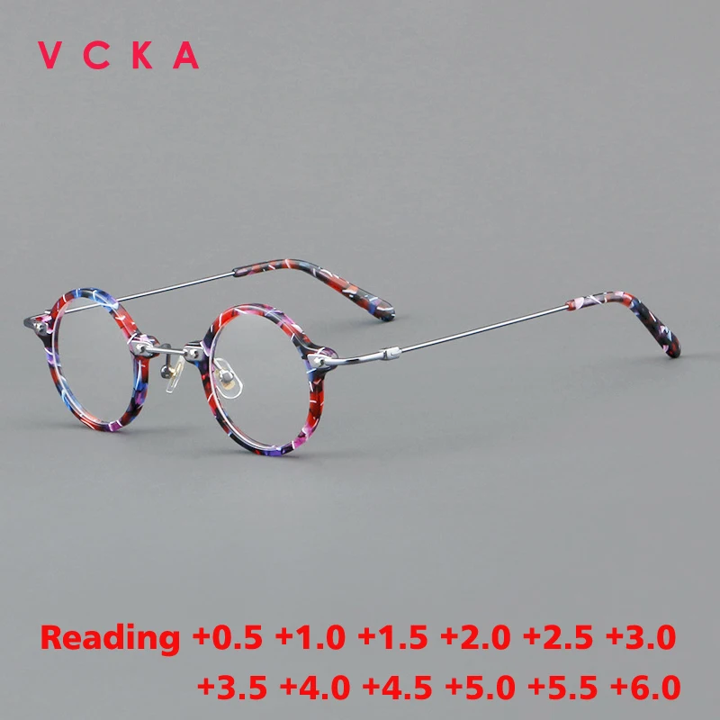 VCKA Acetate+Titanium Anti-blue Discolor Reading Glasses Small Round Men Prescription Optical Women Retro Eyewear +0.50 to +10.0