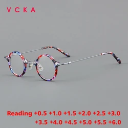 VCKA Acetate+Titanium Anti-blue Discolor Reading Glasses Small Round Men Prescription Optical Women Retro Eyewear +0.50 to +10.0