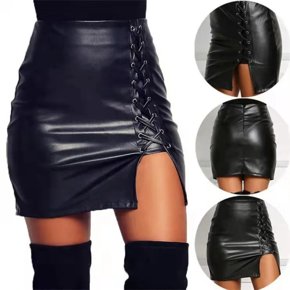 Women's Faux Leather Skirt High Waist Bodycon Fit with Hip Wrap Fork Detail Straps Black Dress Above Knee Length