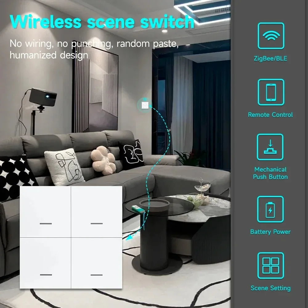Tuya Zigbee 3.0 Smart Scene Button Switch – 1/2/3/4 Gang Wireless Remote Controller – Works with Smart Life/Tuya App & Home Assi