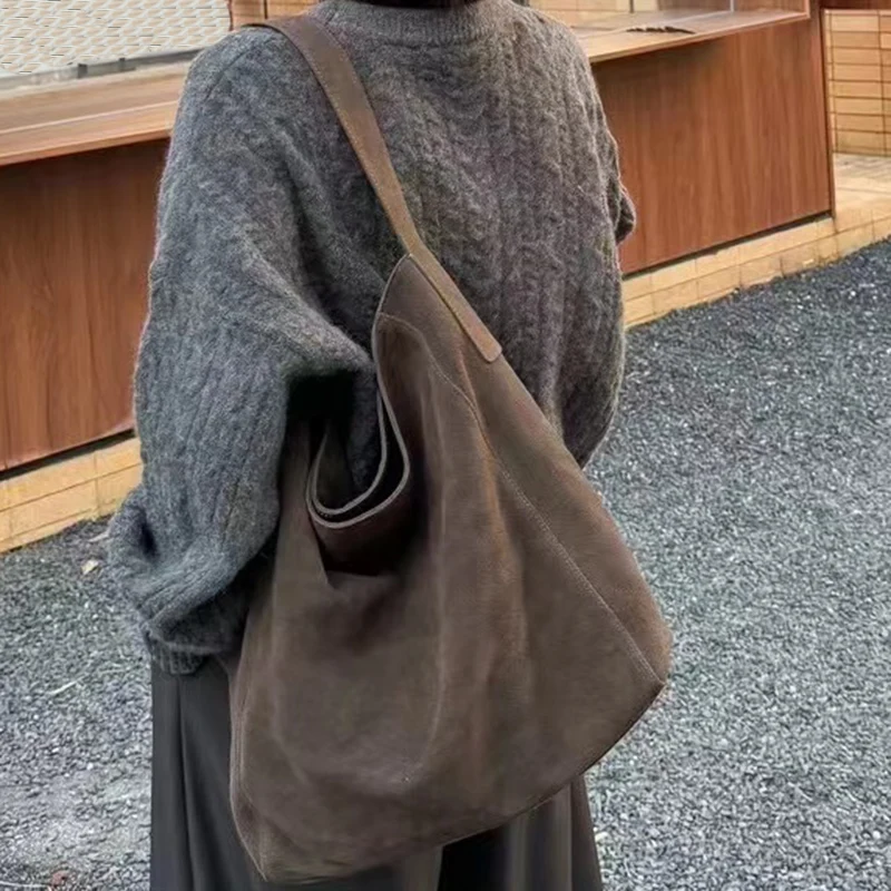 Women Casual Versatile Bucket Tote Bag Female Fashion Suede Cow Leather Handbag Lady Simple Large Capacity Shoulder Bags
