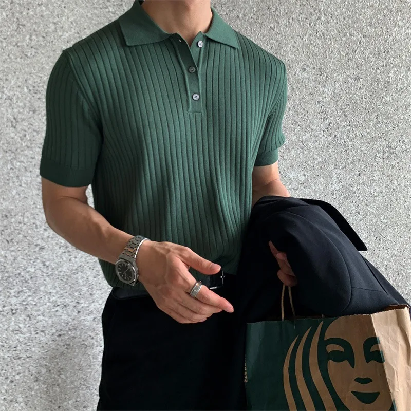 Summer Casual Fashion Solid Color Knit Polo Shirt Korean Fashion Mens Clothes Buttoned Lapel Short Sleeve Streetwear Knitted Rib