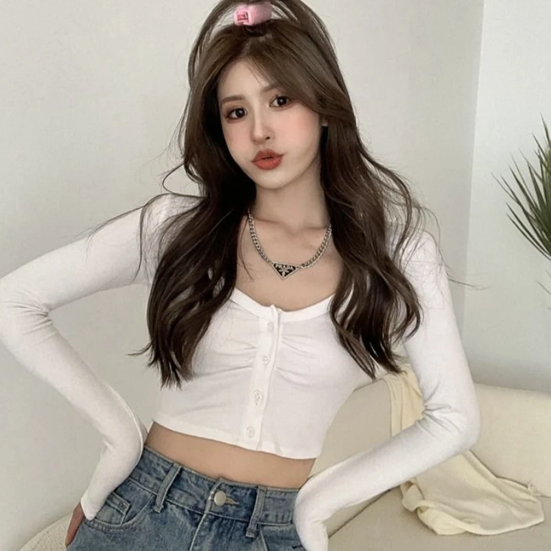 Long-sleeve T-shirts Women Slim Sexy Crop Tops Fashion O-neck Streetwear Simple Korean Style Summer Y2k Ulzzang All-match Young