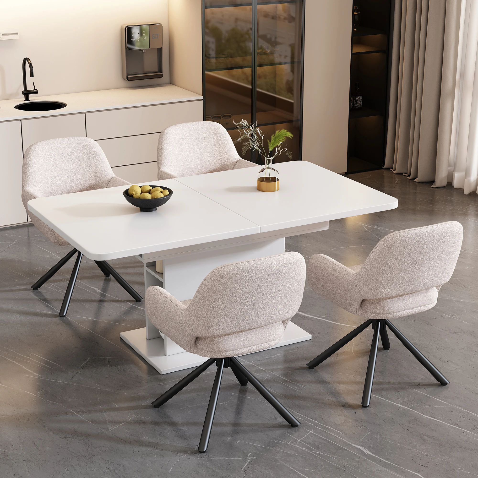 Ensemble de table à manger en tissu sherpa blanc avec 4 chaises, table rectangulaire extensible avec rangement, chaises de salon modernes du milieu du siècle avec pieds en métal
