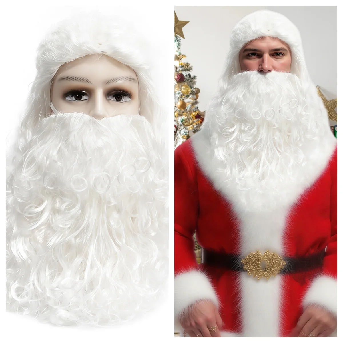 

Парик Санта-Клауса с белой бородой, белый длинный вьющийся синтетический парик, комплект париков для праздничного костюма, парик для рождественского костюма