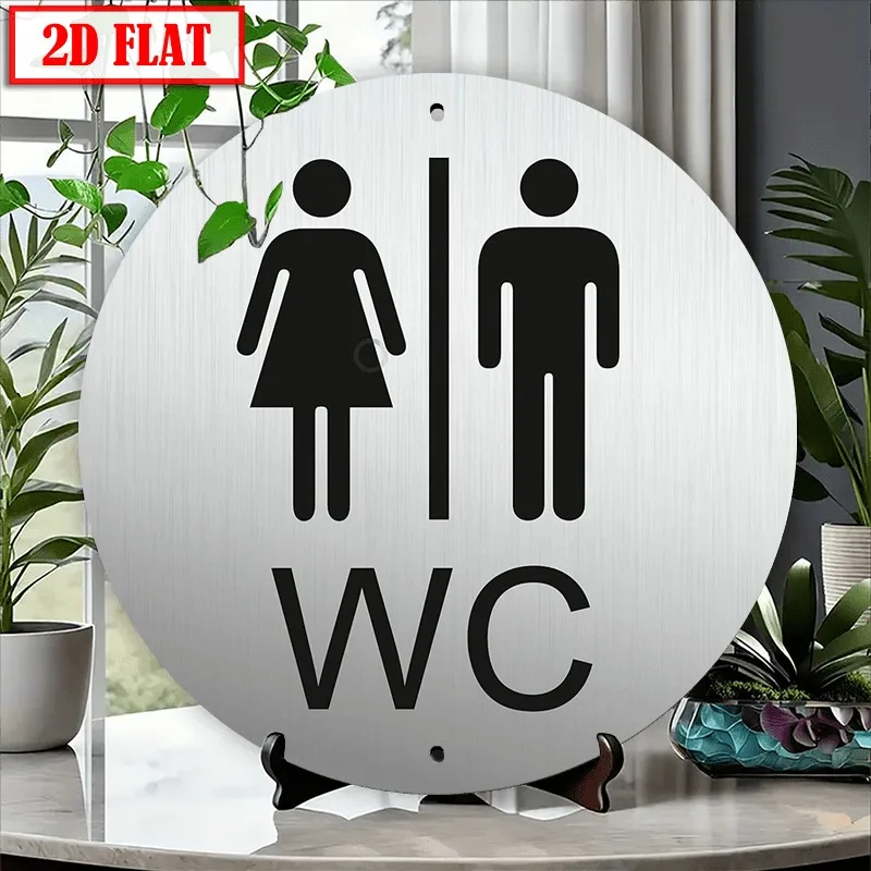 Restroom Symbol Decorative Round Tin Sign, 1pc 2D Flat WC Theme Metal Plaque, 20x20 Vintage Bathroom Wall Decor