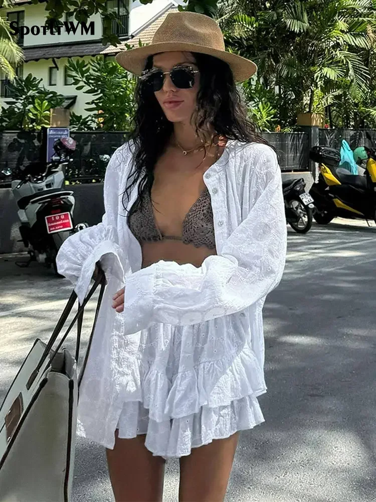 

Summer White Long Sleeved Shirt Jacket Shorts Sets Female Stand Collar Single Breasted Suits Casual Vacation Casual Beachwear