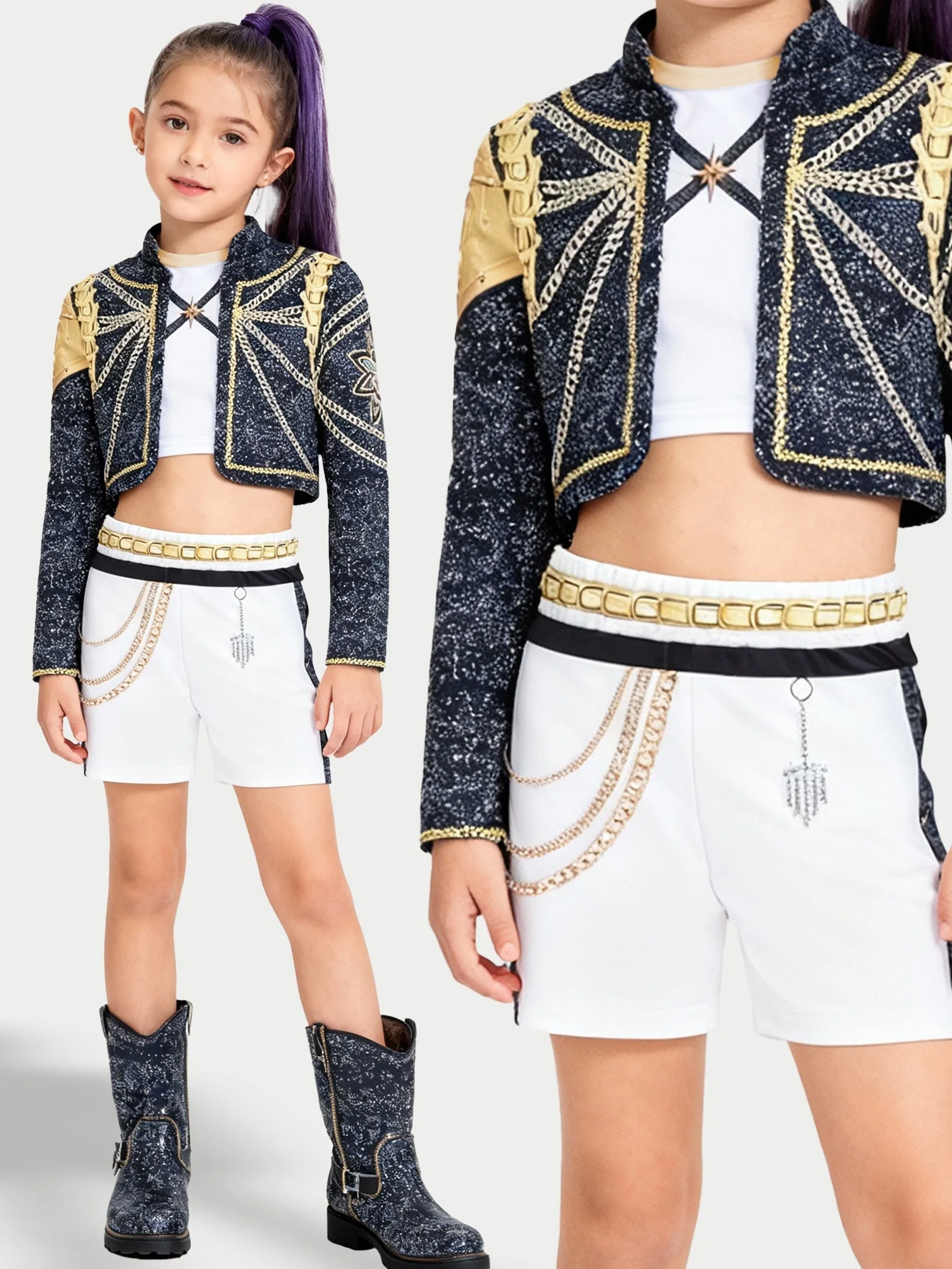 3-teiliges Set für Kinder und Mädchen, glitzernde, bestickte Crop-Jacke und Shorts mit Kettenverzierung und Cami-Top, Bühnenkostüm für Tanzauftritte