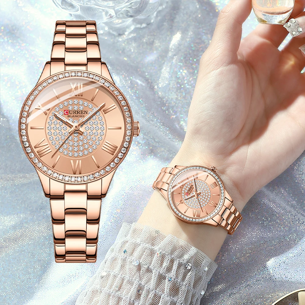 CURREN Elegant Women's Watch: Rose Gold Timepiece Adorned with Sparkling Crystals for Timeless Style+Box