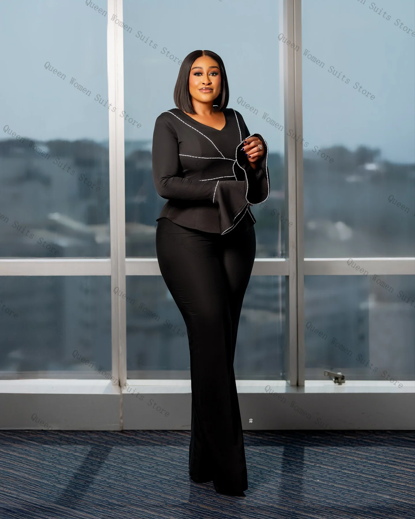 Black Pearls Women Suit Set 2 Piece Beaded Blazer+Pants Trousers Formal Office Lady Jacket Cotton Wedding Guest Coat Customized