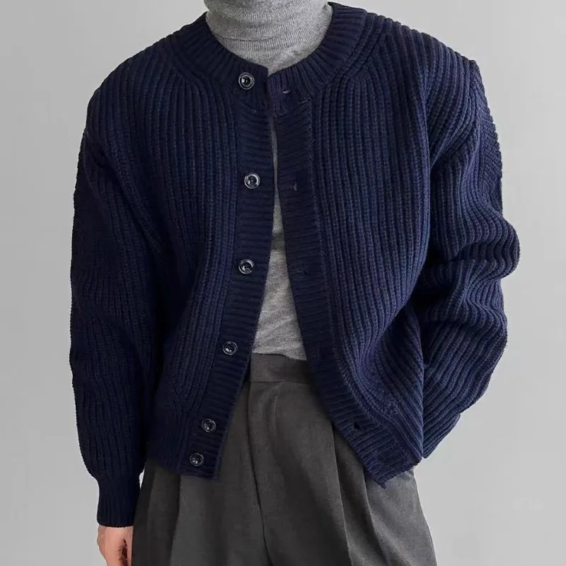

Темно-синий толстый повседневный кардиган с круглым вырезом, мужское вязаное пальто на осень-зиму, корейский высококачественный однобортный свитер, старые деньги
