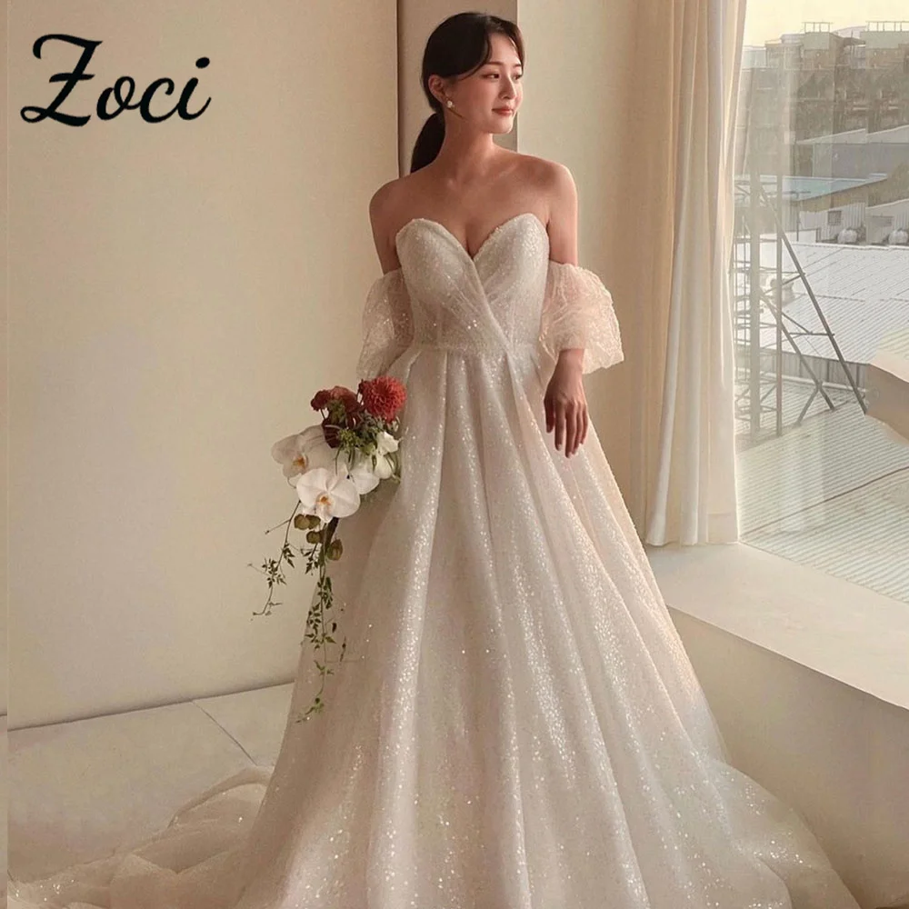 Zoci Elegant Sweethaert Korean Wedding Photography Dresses Customised Sparkly Shiny Luxury Off Shoulder Wedding Bridal Dress