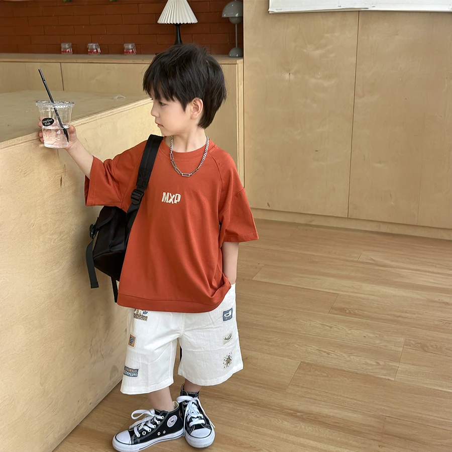 Children's open t-shirt boy summer thin simple short-sleeved children Korean version of embroidered t-shirt color jacket