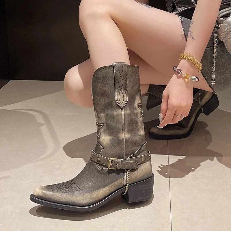 

Женские сапоги в стиле ретро, модные ковбойские сапоги в стиле вестерн с вышивкой, дизайнерские женские ботинки на платформе, изысканная повседневная обувь Botas Mujer