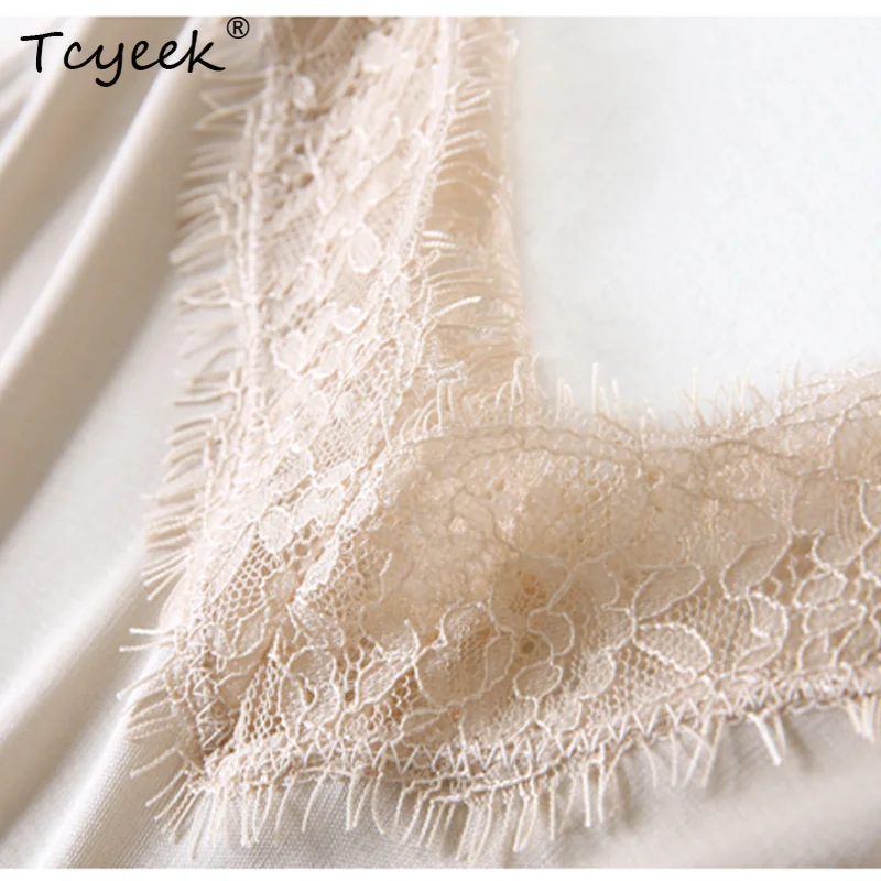 Tcyeek ฤดูร้อน 30% ผ้าไหมธรรมชาติ 70% เหนียวชุดผู้หญิงถักลูกไม้ปรับสายคล้องคอ Slim PAJAMA ชุด D36322JM