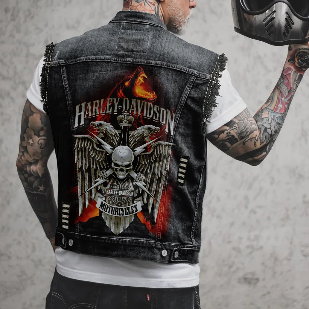 Mens Skull Print moto Biker Denim gilet Vintage Cowboy gilet Punk Rock Hole Casual senza maniche Jean Jacket Coat Helmet