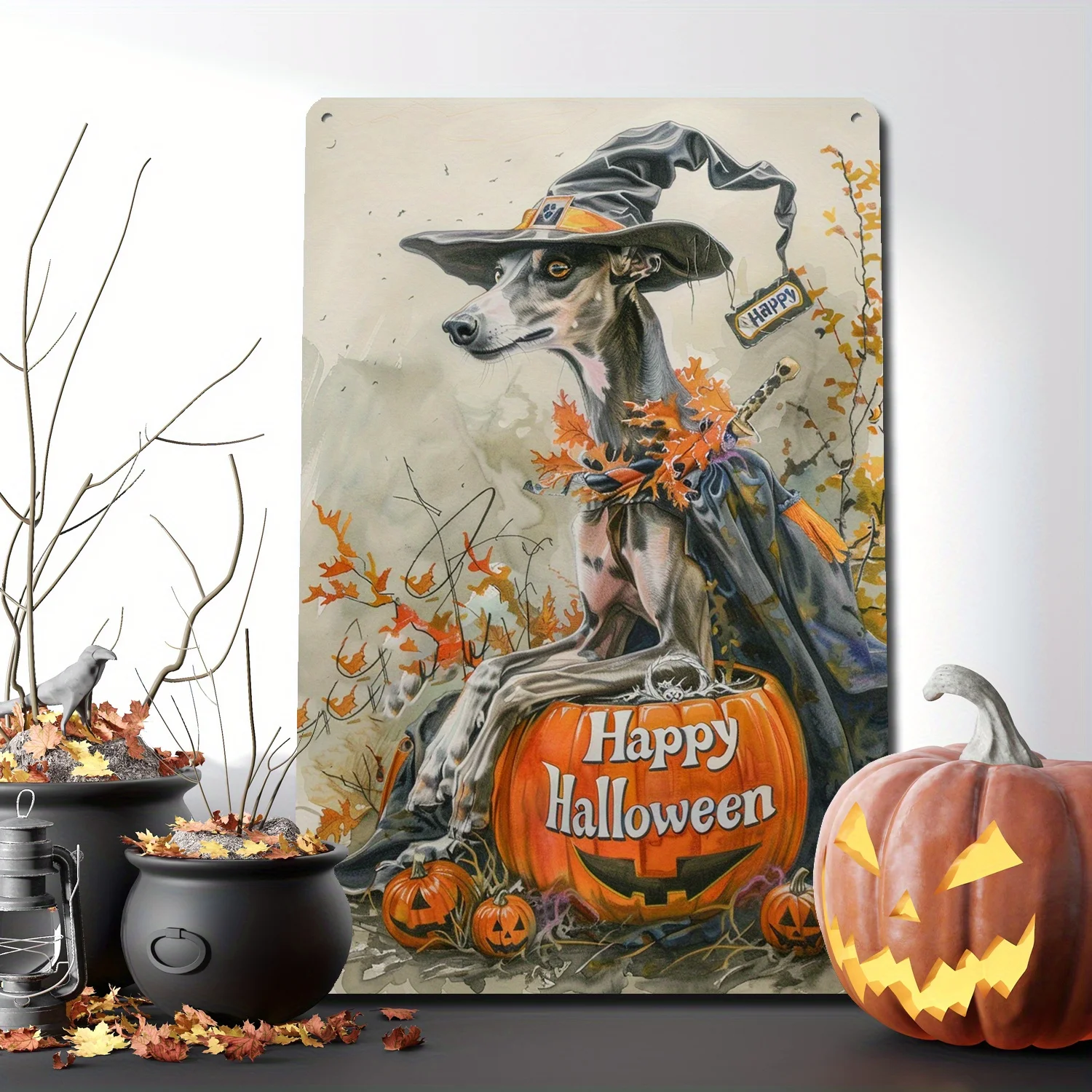 1 Haunted Speed 8x12 Inch Aluminum Tin Sign with Greyhound - Halloween Greeting Design Featuring A Dog Wearing A Witch Hat