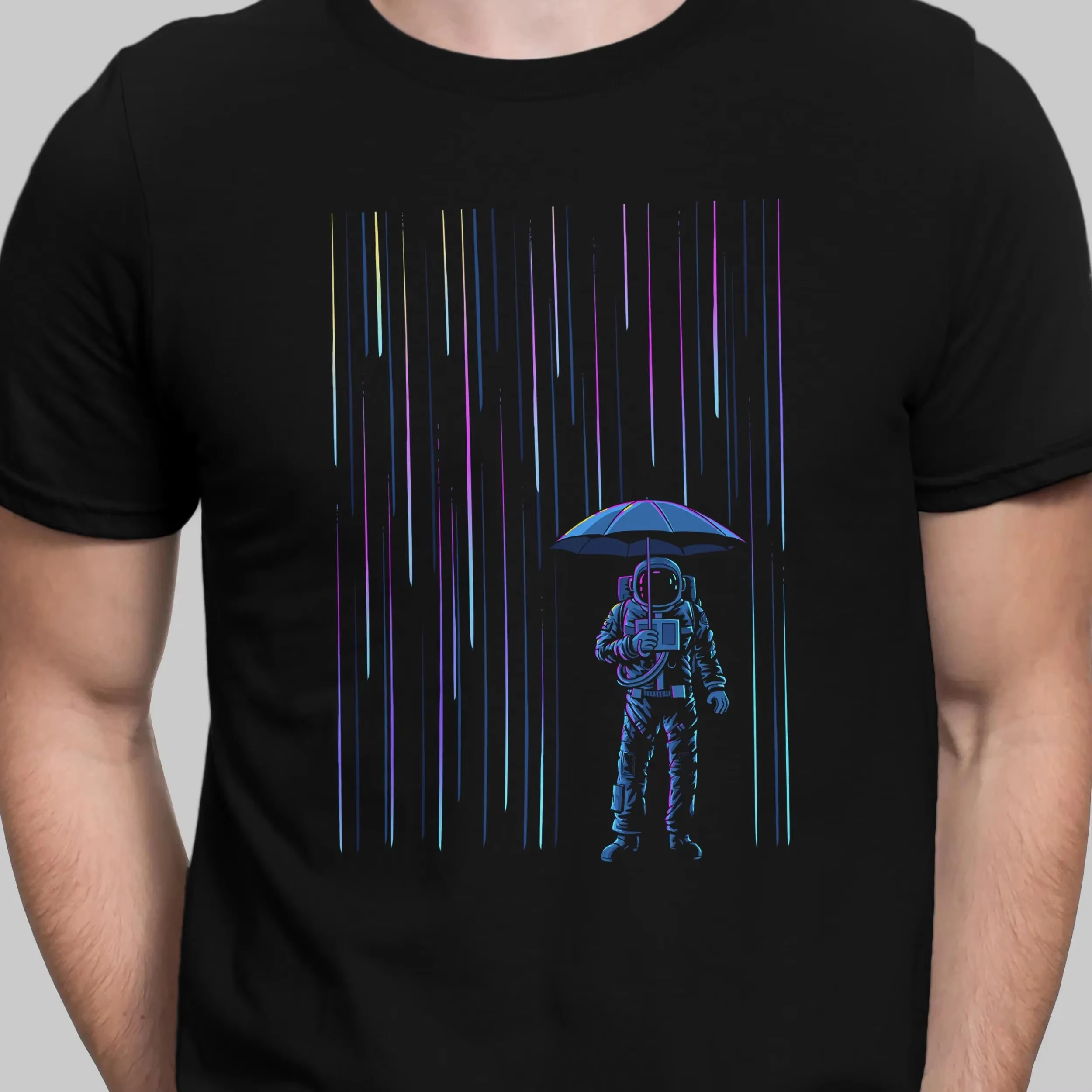 Meteor Shower Astronaut T Shirt Cosmic Surreal Space Falling Stars Shirt Retro Streetwear Crew-neck Short-sleeved Men's T-shirt