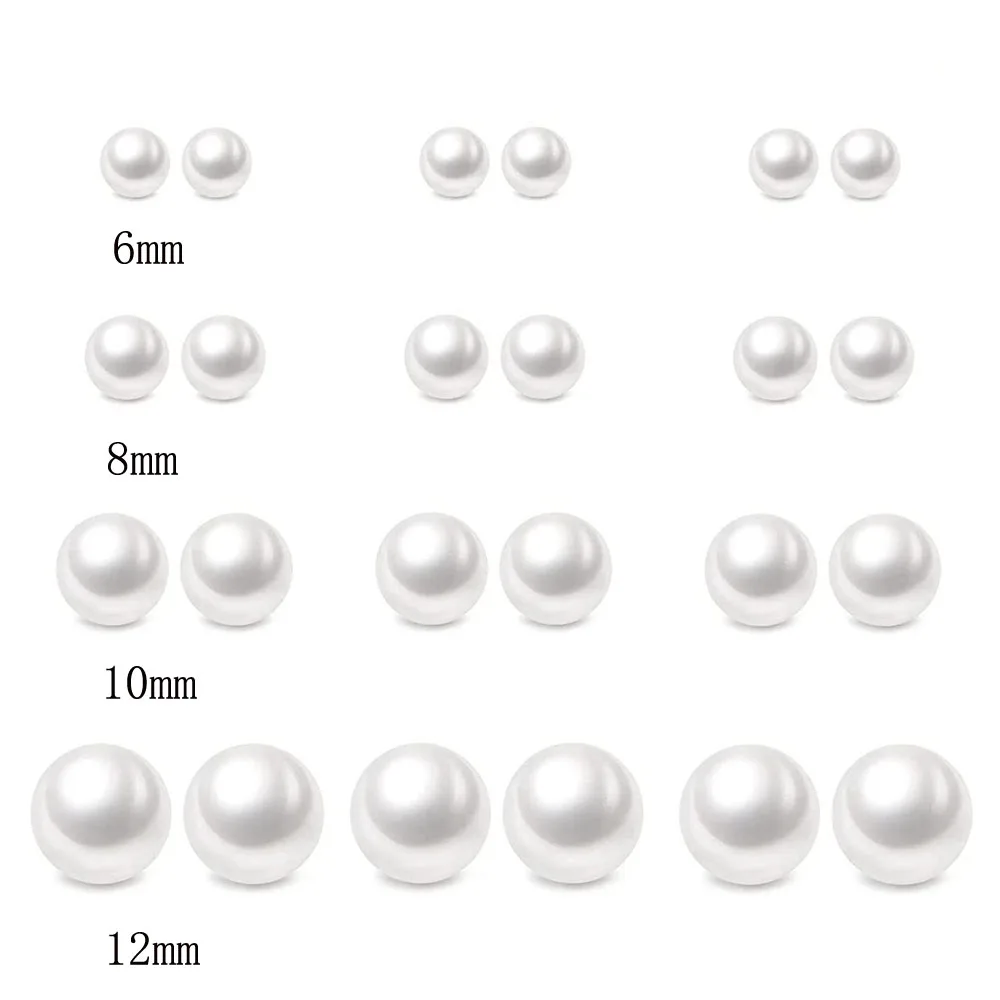 1-12 Pairs Hypoallergenic Surgical Stainless Steel Round Ball Pearl Beads Stud Earrings Set for Women Teen Girls 6/8/10/12mm