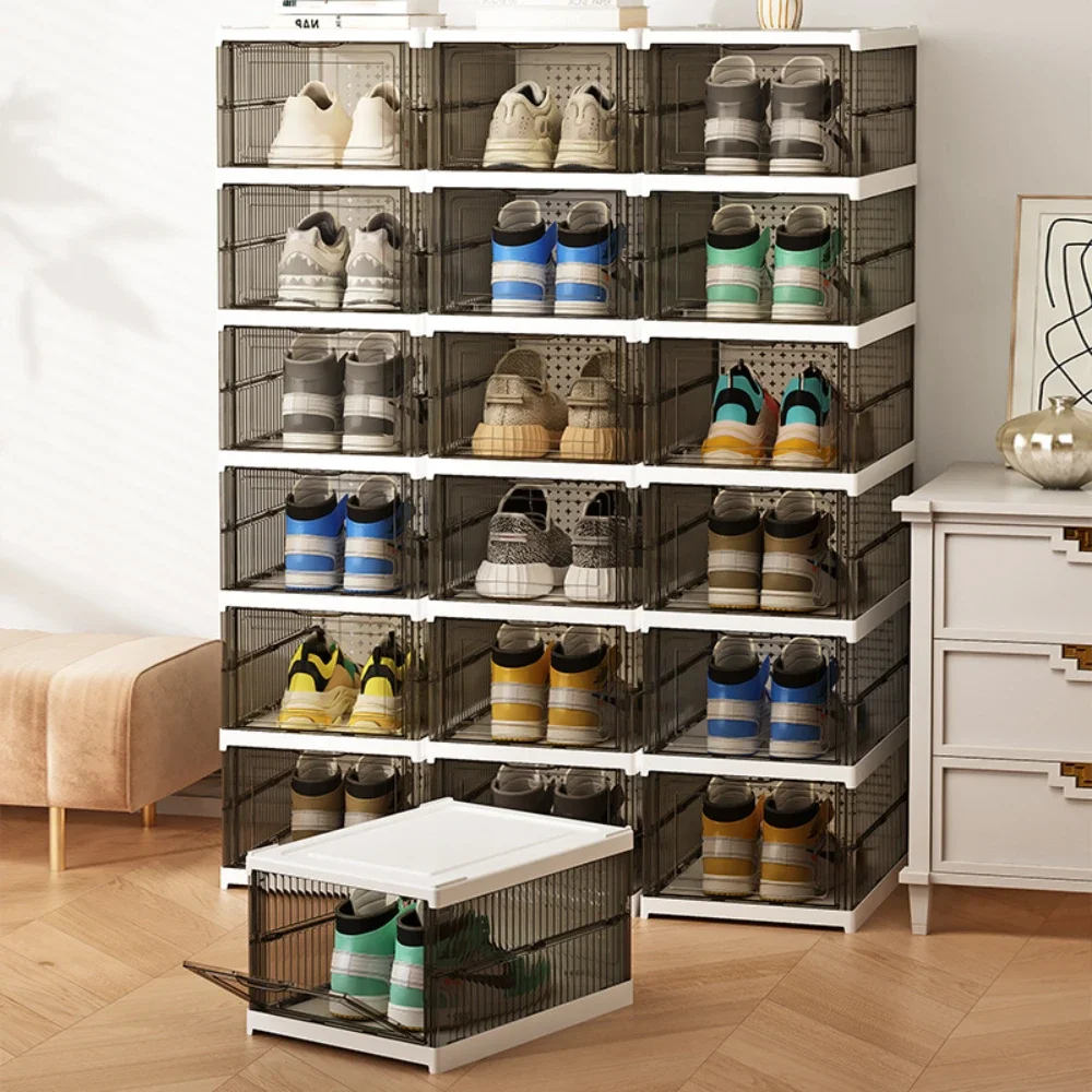 6-Tier Foldable Stackable Shoe Storage Boxes with Lids Storage Portable Transparent Folding Multi-layer Integrated Shoe Cabinet