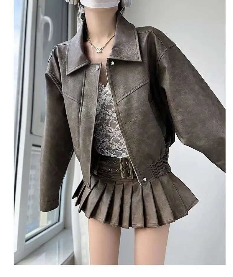 

American retro lapel zipper short leather jacket for women fashion all-match hot girl leather jacket