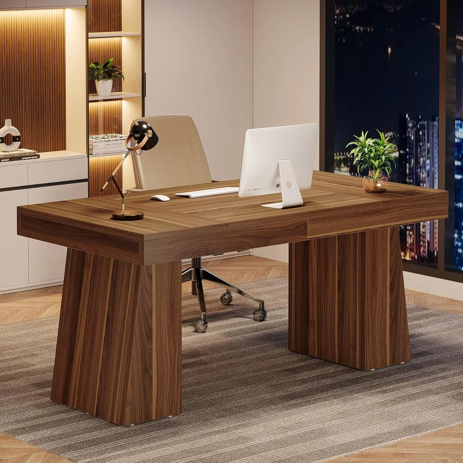 Tribesigns 55 Inches Executive Desk, Mid-Century Modern Home Office Desk with Double Trapezoid Base, Wood Computer Desk Business