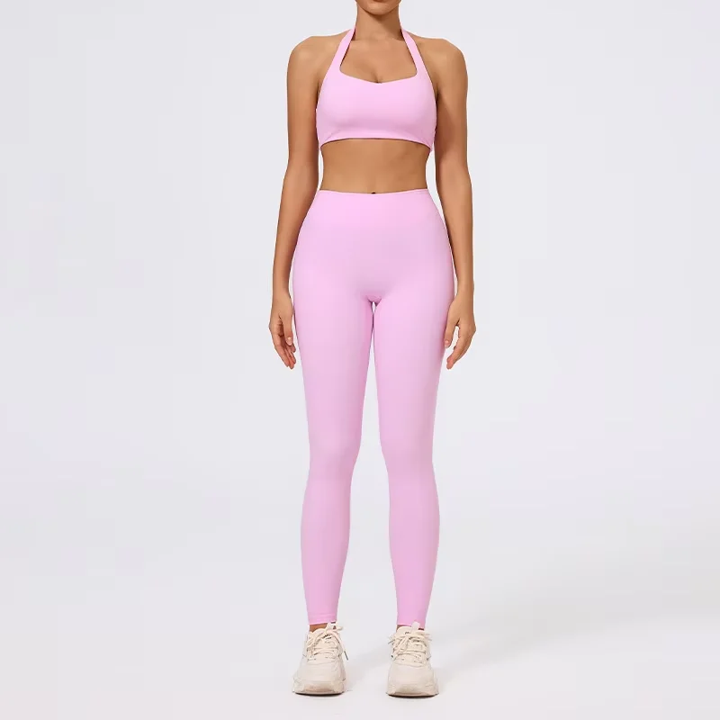 

Women's High Waist Tummy Control Yoga Set Halter Neck Sports Bra & Non Front Seam Leggings Breathable Workout Suit