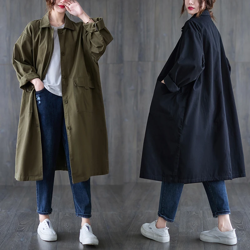 TANNT Women Trench Coat Khaki Black Casual Long Trench Coat Feminino Fashion Loose Windbreaker For Women 2023 New Overcoat Women