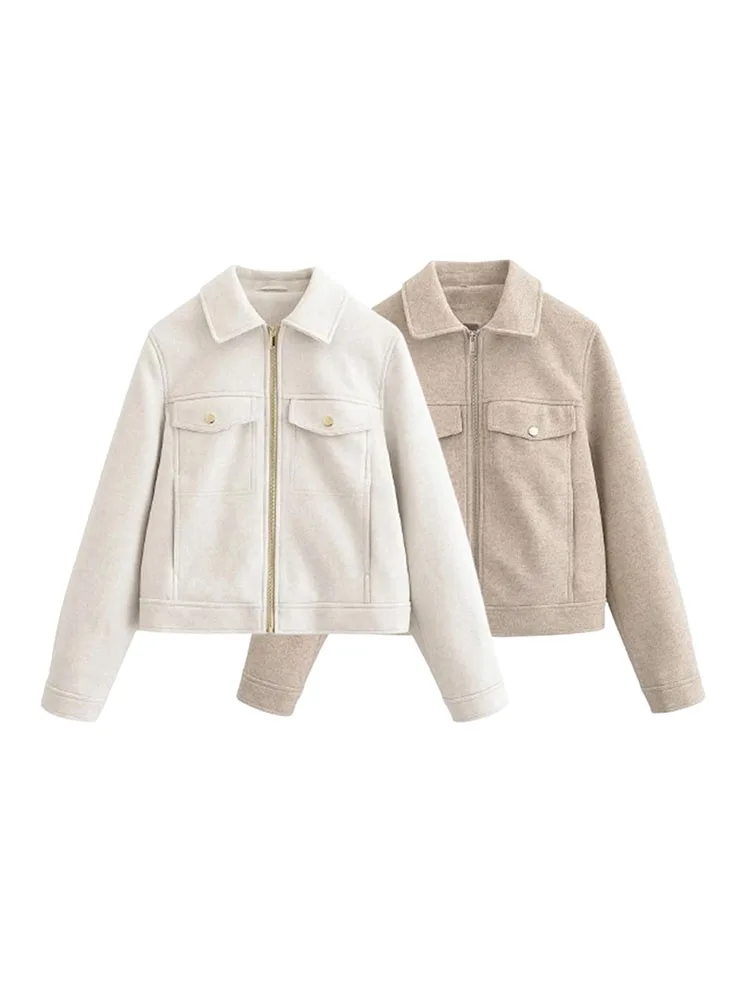 

Women 2025 Autumn New Classic Lapel Soft Short Jacket Front Pockets Zipper Long Sleeve Casual Autumn Coat