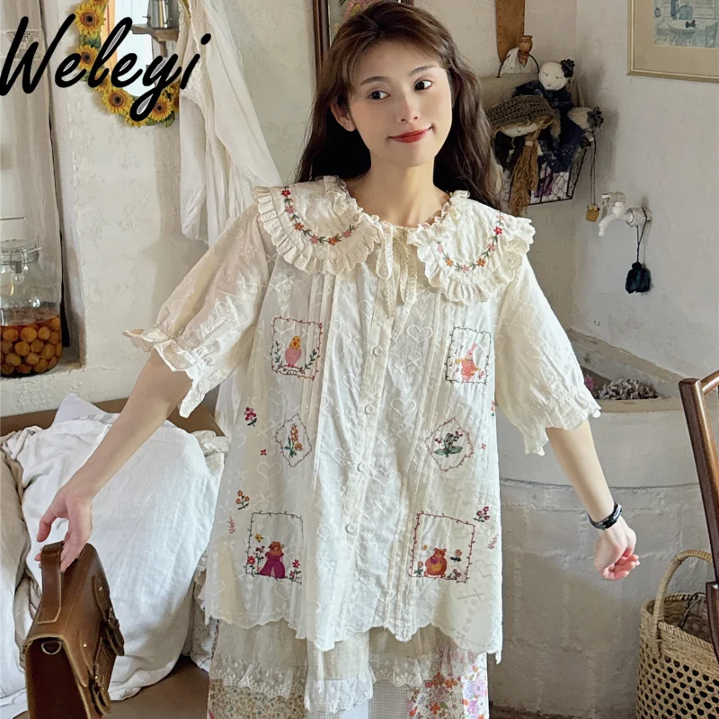 

Mori Style Colorful Apricot Flower Embroidery Shirt Gentle Girl Love Heart Peter Pan Collar Short Sleeve Doll Blouse Sweet Tops