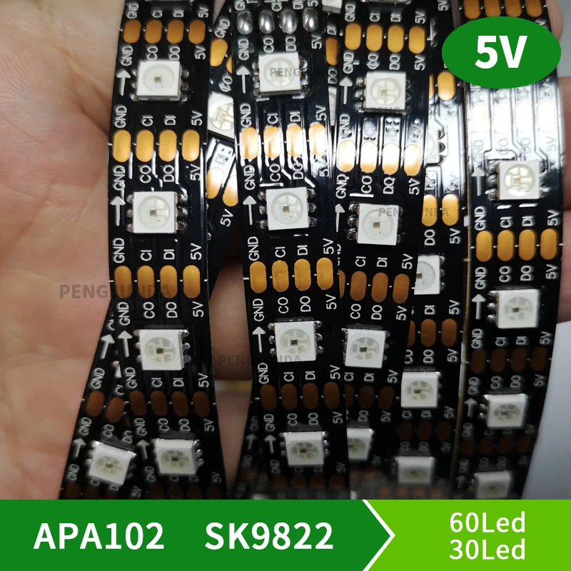 SK9822 DC5V APA102 DATA and CLOCK seperately Smart led pixel strip;5m;30/60/144 leds/pixels/m;IP30/IP65/IP67