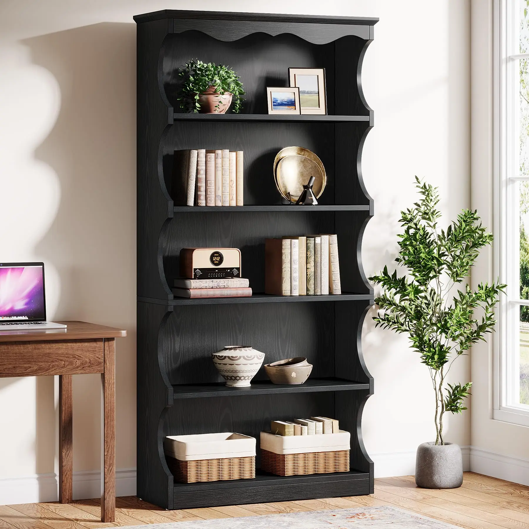 70-Inch Tall Bookcase, 5-Tier Open Bookshelf with Unique Curved-Edge Design, Wooden Freestanding Display Shelves with