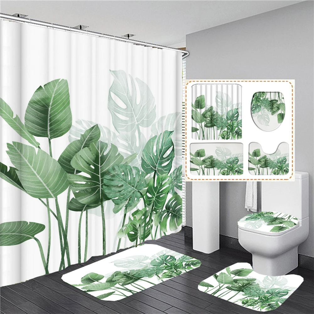 

Palm Leaf Green Plants Bathroom Curtain Shower Curtains Set Tropical Leaves Non-Slip Carpet Toilet Lid Cover Bath Mats Rugs