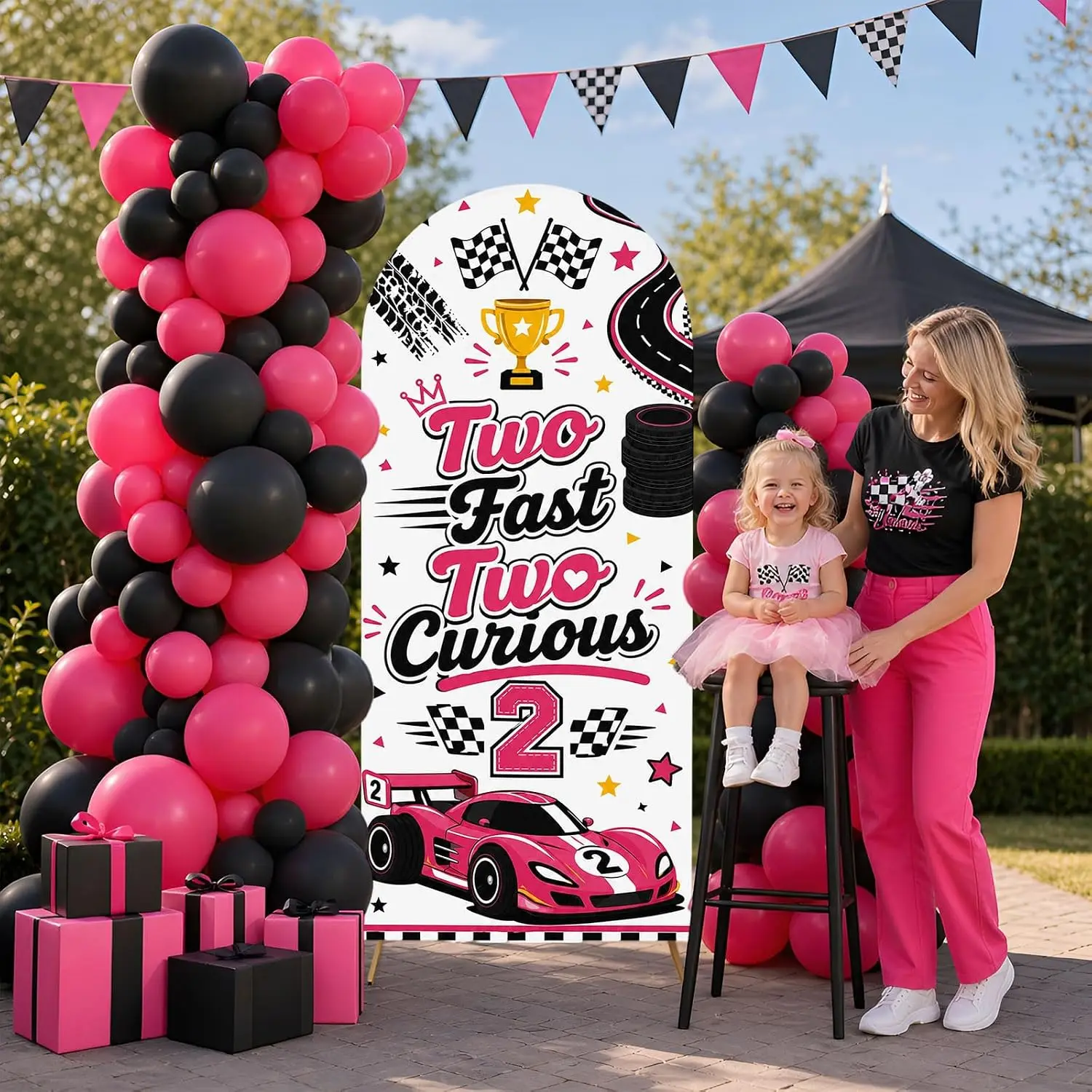 Custom 2-sided Two Fast 2 Curious Birthday Party Arch Background Cover Girl Pink Race Car Happy Birthday Backdrop DIY Age Shoot