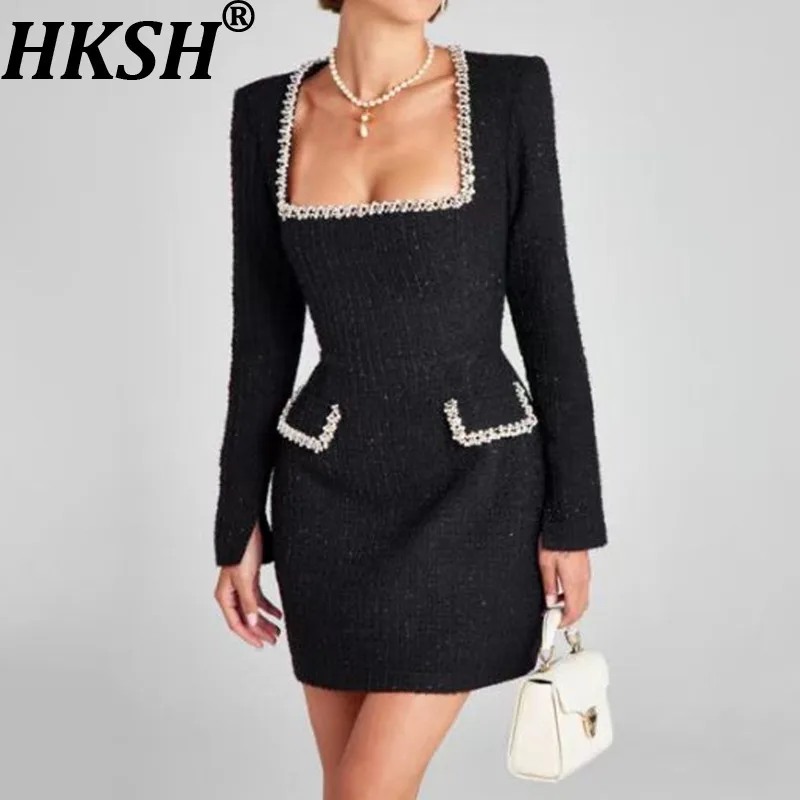 HKSH 2025 Autumn Winter New Women's Gown Dress Square Collar Beaded Waist Cinching Slim Fit Elegant Formal Party Dresses HK14492