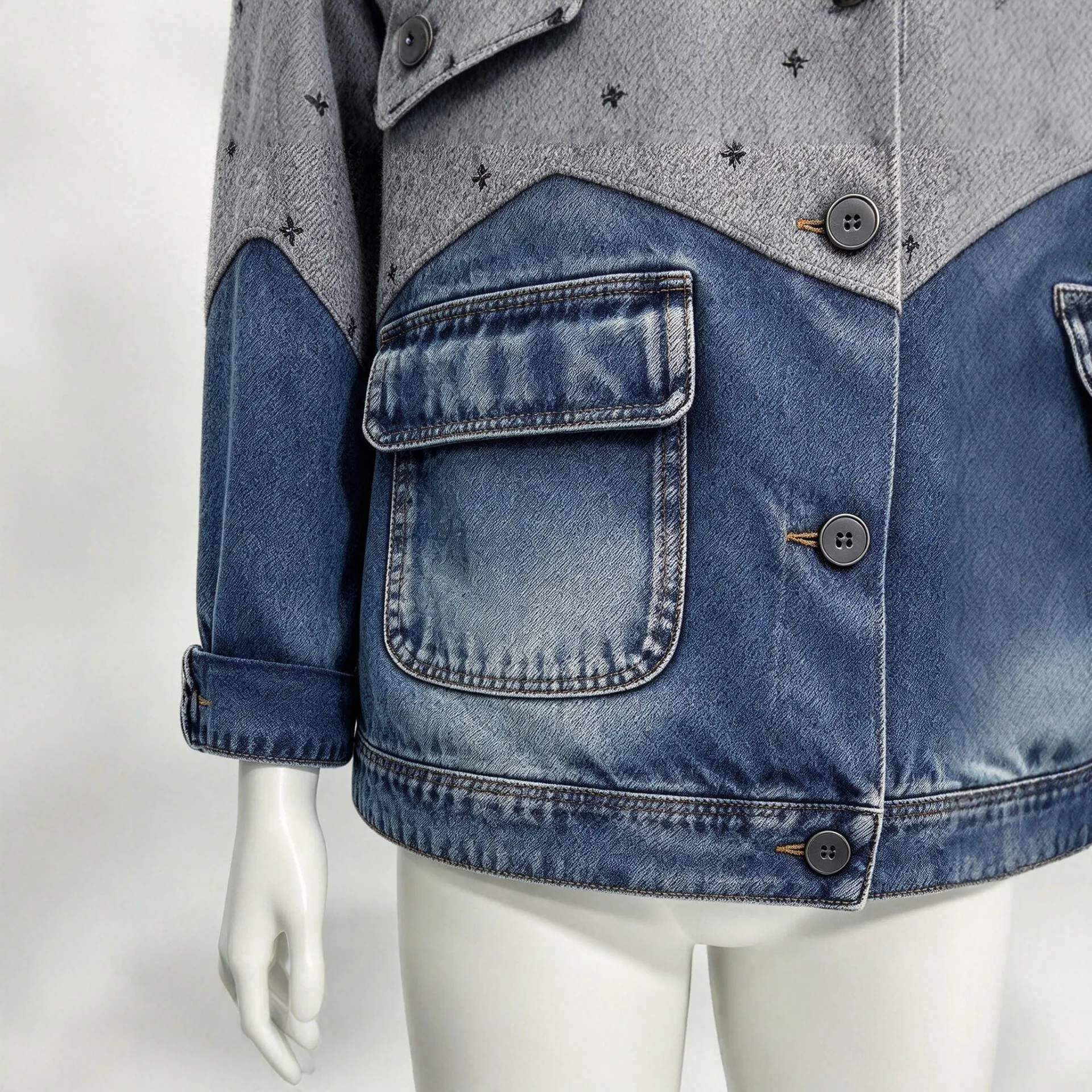 SuperAen Retro Korean-style Denim Patchwork Coat for Women Ruffled Loose Contrasting Color Turn-down Collar Suits