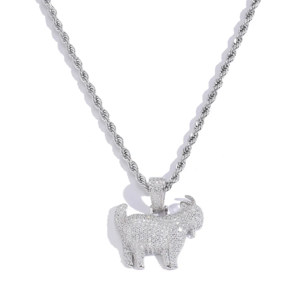 S925 Sterling Silver Hip Hop CZ Stone Paved Bling Ice Out Goat Sheep Pendants Necklaces for Men Rapper Jewelry