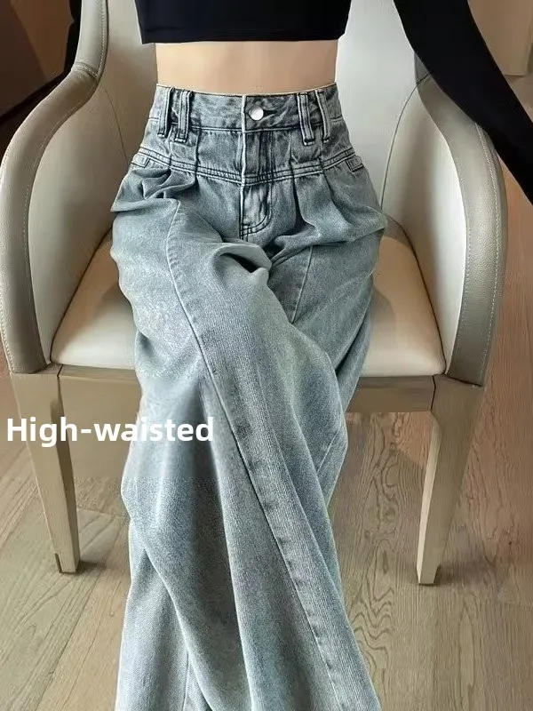 Loose Women's High Waist Wide Leg Jeans Folded Hem Draped Drapey Blue Jeans Autumn Season Small Stature Loose Long Trousers
