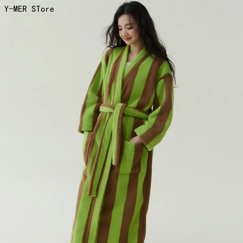 Elegant Coral Fleece Ultra Warm Nightwear Women Winter Autumn Sleepwear Bathrobe Rainbow Stripes Home Clothes Thick Loungewear