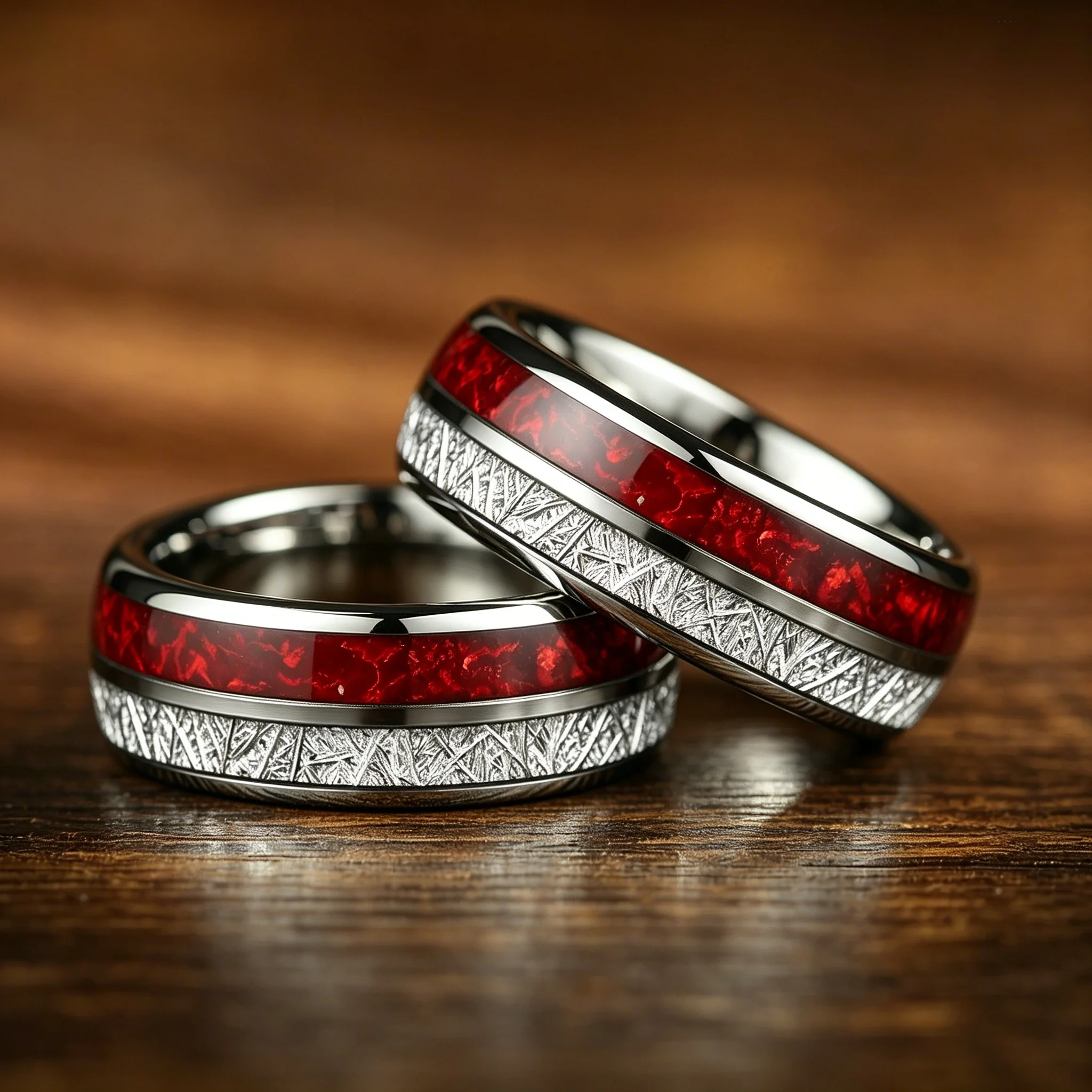 Luxury Red Opal & Meteorite Inlay Rings for Men Women, Fashion 8mm Silver Color Men Stainless Steel Rings, Wedding Band Jewelry
