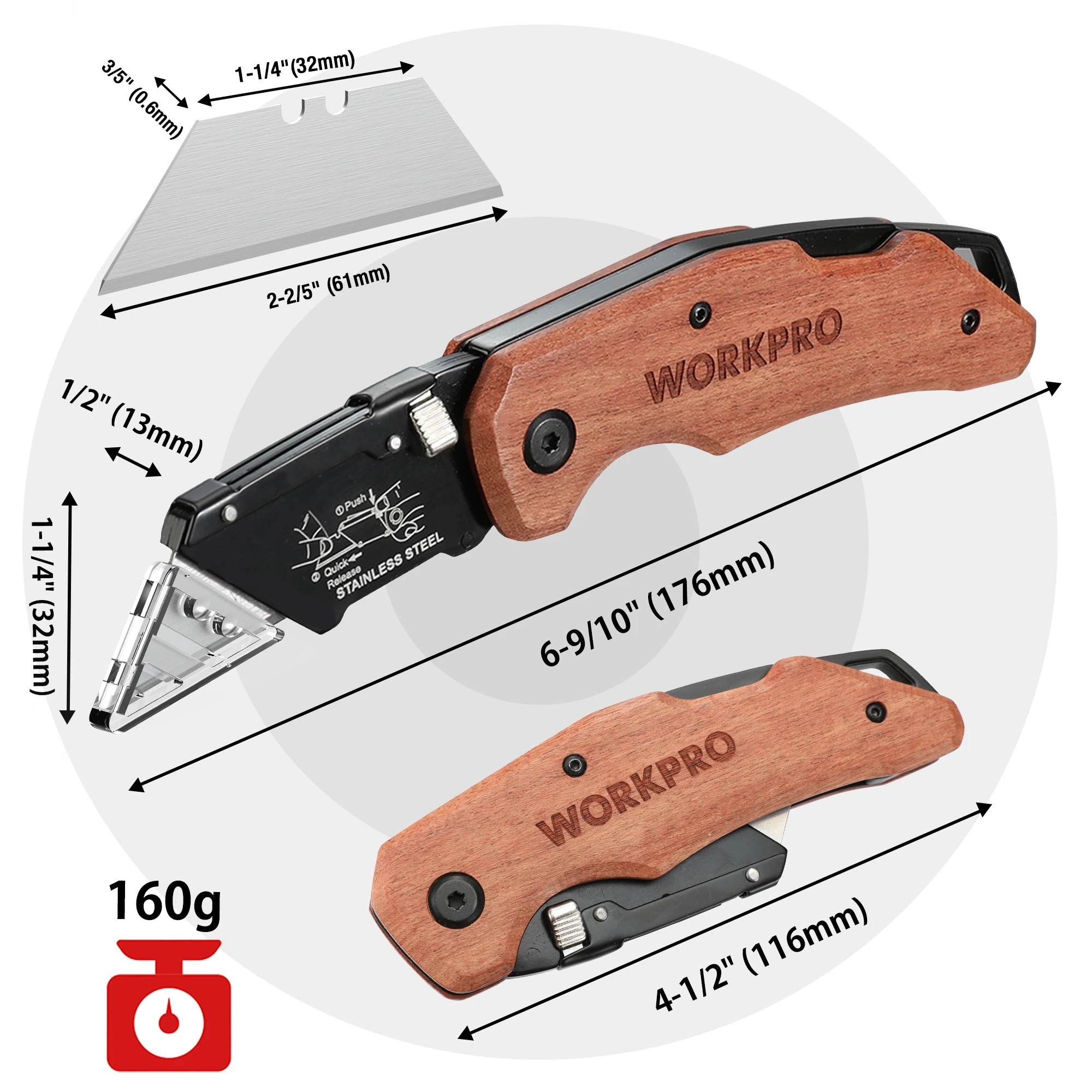 WORKPRO Wood Handle Folding Utility Knife, Box Cutter Replaceable Blade Heavy Duty Folding Box Cutter With 10 Blades