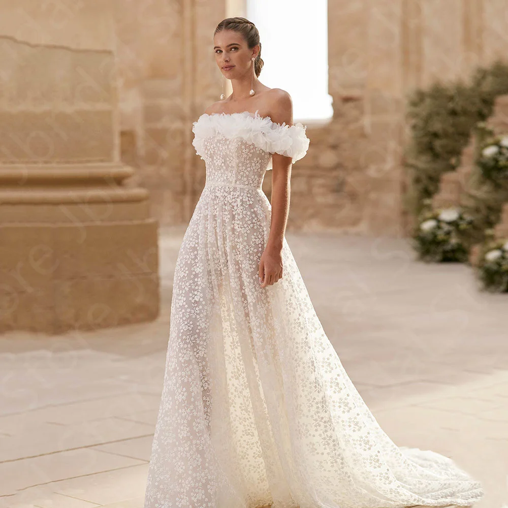 

Customized New Exquisite Wedding Dresses Lace Bridal Gowns Off Shoulder Sleeves Bride Dresses 2025 Wedding Gowns Back Out