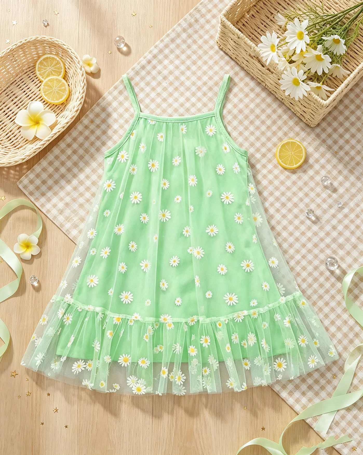 Girls Summer Dress Elegant Daisy Print Mesh Layered Strap Ruffle Bottom Outfit Yellow Green Blue - Children's Clothing