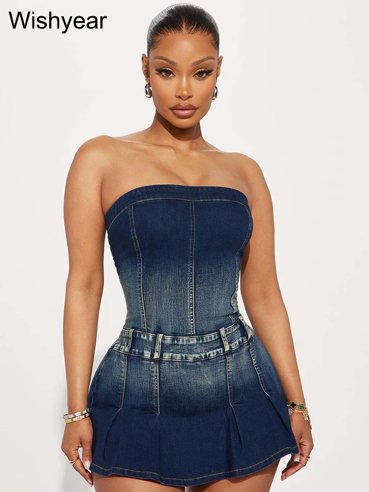 

Sexy Blue Denim Strapless Skirts Shorts Women Summer Off Shoulder Jean Playsuits Rompers Streetwear Beach Club Short Jumpsuits