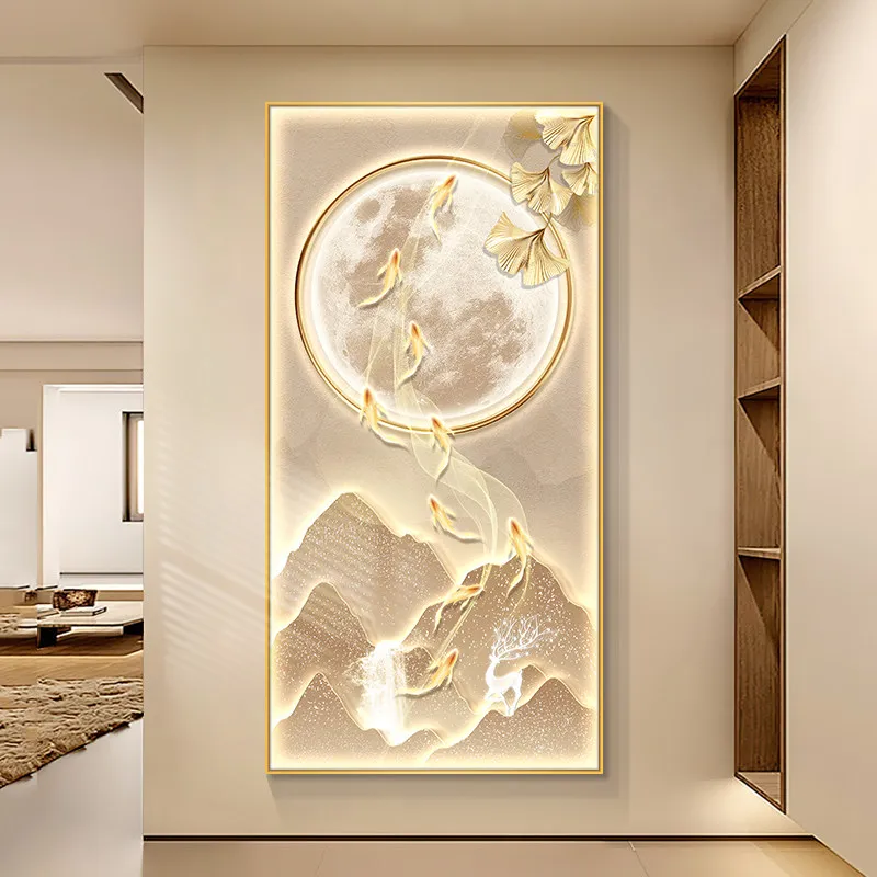 Light luxury nine fish painting, entrance hall decoration painting, high-end feeling, luminous lamp painting, mural painting