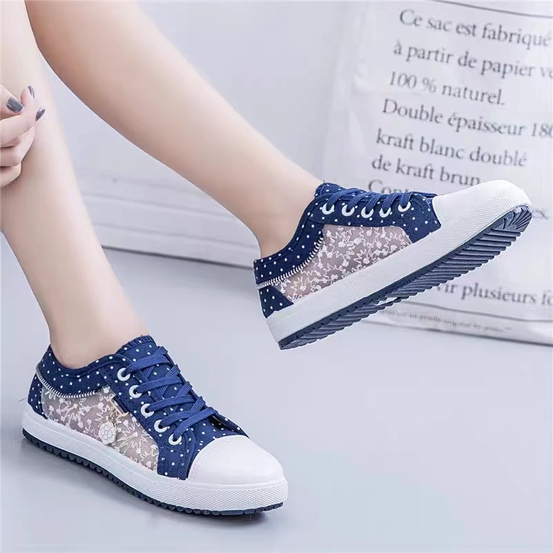 Women Shoes 2023 Fashion Summer Casual Shoes Cutouts Lace Canvas Hollow Breathable Platform Flat Shoes Woman Sneakers